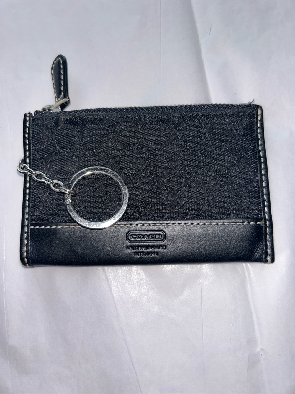 Coach Black Signature Canvas Zip Key Wallet with Ring